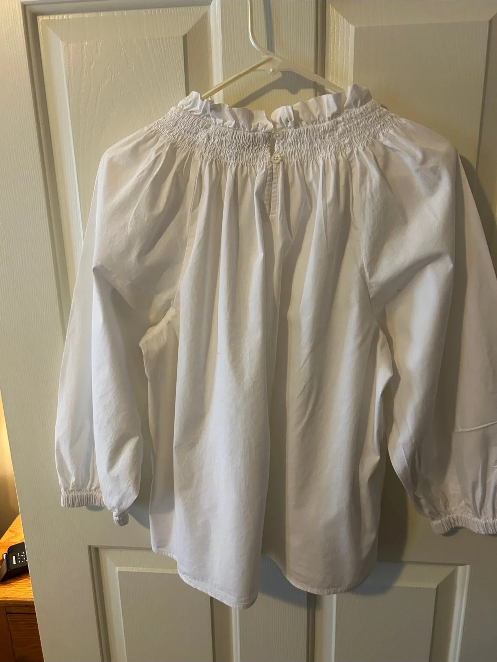 J. Crew White Smocked Ruffle-Neck Blouse